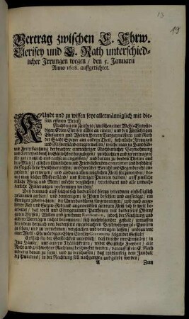 Vertrag zwischen E. Ehrw. Clerisey und E. Rath unterschiedlicher Irrungen wegen : den 5. Januarii Anno 1608 auffgerichtet