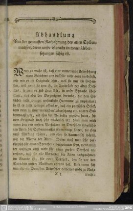 Abhandlung von der genausten Nachahmung des alten Sylbenmaasses, deren unsre Sprache in treuen Uebersetzungen fähig ist