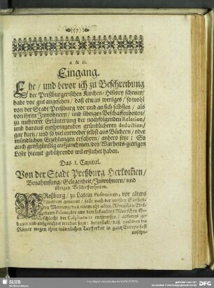 Das I. Capitul. Von der Stadt Preßburg Herkom[m]en, Banahmsung, Gelegenheit, Inwohnern, und übrigen Beschaffenheiten