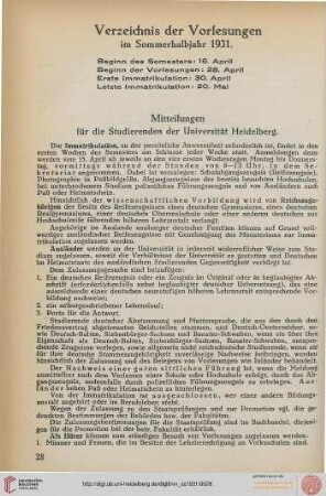 Verzeichnis der Vorlesungen im Sommerhalbjahr 1931