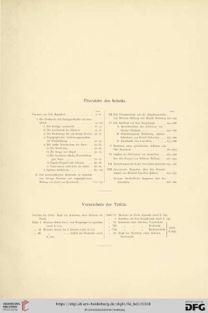 Übersicht des Inhalts / Verzeichnis der Tafeln