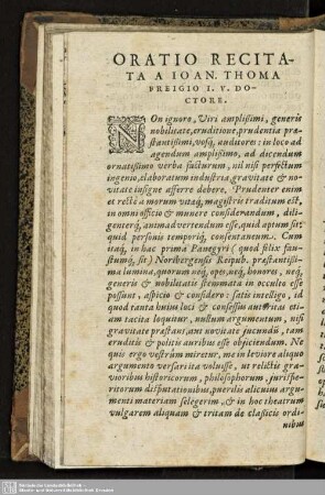 ORATIO RECITATA IOAN. THOMA FREIGIO I. V. DOCTORE.