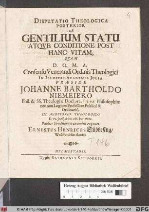 Disputatio Theologica Posterior De Gentilium Statu Atque Conditione Post Hanc Vitam