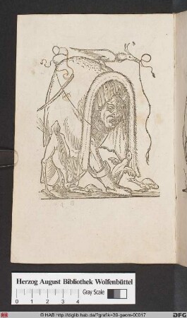 Rabelais, Les Songes Drolatiques de Pantagruel, XVI [Karikatur eines von Vögeln geärgerten unter einem gewölbten Fell kriechenden Wesens]