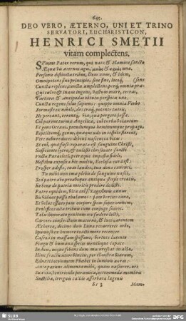 Deo Vero, Aeterno, Uni Et Trino Servatori, Eucharisticon, Henrici Smetii vitam complectens