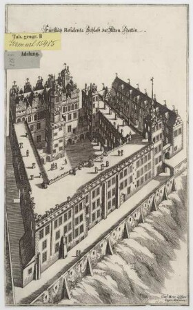 Ansicht des Alten Schlosses von Stettin, Radierung, um 1703 : Fürstlich Residentz Schloß zu Alten Stettin / Carl Henr. à Osten Delineav. - [Frankfurt] : [Matthaei Merian Seel. Erben] , [um 1703]. - 1 Vogelschauansicht : Radierung ; 17 x 28 cm. Titel oben Mitte