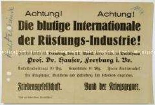 Aufruf zu einer Veranstaltung der Deutschen Friedensgesellschaft und des Bundes der Kriegsgegner am 14. April 1931 in Crimmitschau