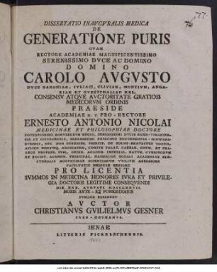 Dissertatio Inavgvralis Medica De Generatione Pvris
