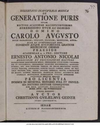Dissertatio Inavgvralis Medica De Generatione Pvris