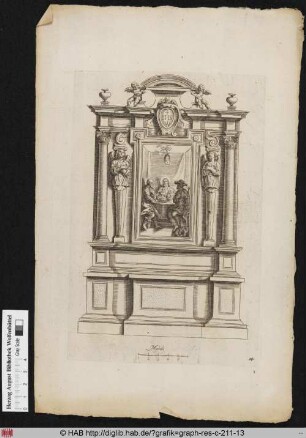 Entwurf für einen Altar nach der Architektur mit der gerahmten Darstellung des Emmausmahls, flankiert von zwei Engelkaryatiden, darüber zwei Putti.