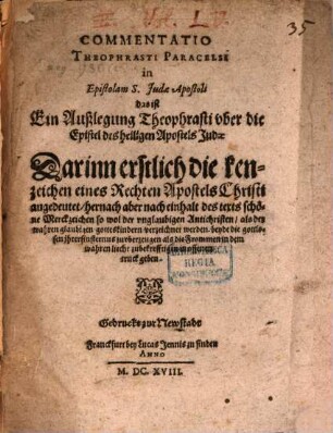 Commentatio in Epistolam S[ancti] Judae Apostoli : d.i. Ein Auslegung