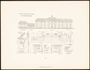 Gemeindedoppelschule an der Greifenhagener Straße, Berlin: Grundriss, Ansicht, Details (aus: Neubauten der Stadt Berlin, Bd. XI, 1912)