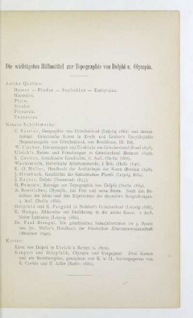 Die wichtigsten Hilfmittel zur Topographie von Delphi u. Olympia