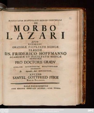 Dissertatio Inavgvralis Medico Chirvrgica De Morbo Lazari