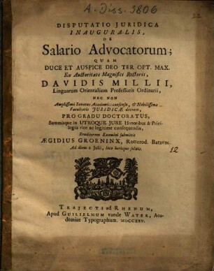 Disputatio Iuridica Inauguralis, De Salario Advocatorum