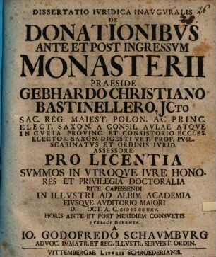 Diss. iur. inaug. de donationibus ante et post ingressum monasterii