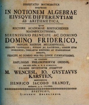 Diss. math. inquirens in notionem algebrae, eiusque differentiam ab arithmetica