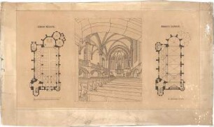 Mecenseffy, Emil Edler von; Nürnberg - Gostenhof, Glockendonstr. 15; Dreieinigkeitskirche - Grundriss EG, Grundriss Empore, Perspektive Innenraum