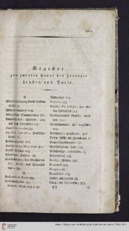 401-406 Register zum zweyten Bande des Journals London und Paris