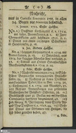 Nachricht, was in Curiosis Saxonicis 1755. in allen 24. Bogen vor Materien befindlich