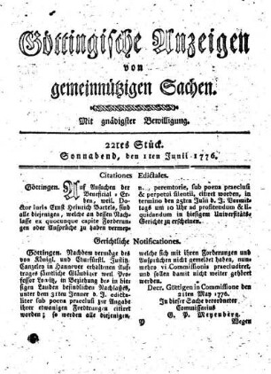 22tes Stück. Sonnabend, den 1ten Junii 1776.