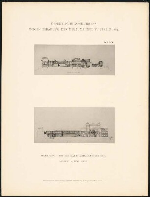 Wettbewerb Museumsinsel, Berlin: Projekt XXV, Querschnitt, Längsschnitt (aus: Concurrenzentwürfe wegen Bebauung d. Museumsinsel zu Berlin. Auswahl d. preisgekrönten u. besten Entwürfe, Berlin 1884)