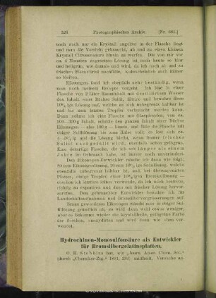 Hydrochinon-Monosulfonsäure als Entwickler für Bromsilbergelatineplatten