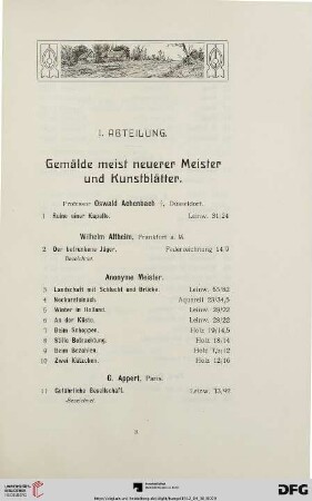 I. Abteilung. Gemälde meist neuerer Meister und Kunstblätter (Nr. 1-203)
