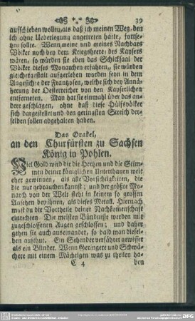 Das Orakel, an den Churfürsten zu Sachsen König in Pohlen