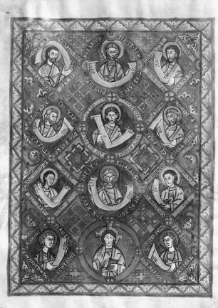 Codex Vyssegradensis / Kodex vyšehradský — Heiligenfiguren mit Schriftrollen als Genealogie Christi, Folio 3v