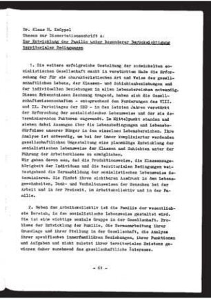 Zur Entwicklung der Familie unter besonderer Berücksichtigung territorialer Bedingungen : Thesen zur Dissertation A