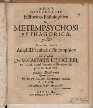 Dissertatio Historico-Philosophica De Metempsychosi Pythagorica