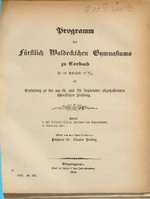 Programm des Fürstlich-Waldeckschen Gymnasiums zu Corbach : für das Schuljahr ..., 1878/79