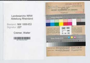Entnazifizierung Walter Cremer, geb. 20.08.1891 (Rektor)