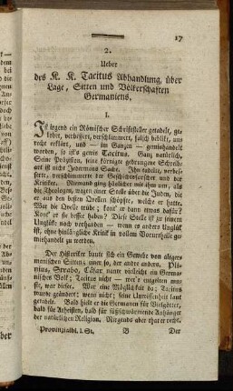 2. Ueber des K. K. Tacitus Abhandlung über Lage, Sitten und Völkerschaften Germaniens.