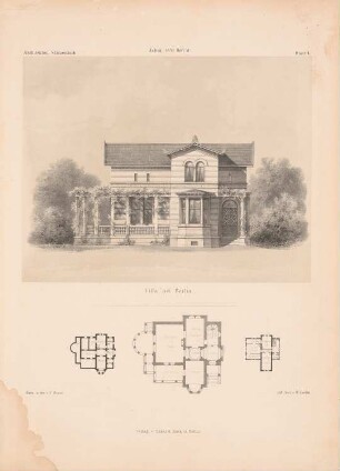 Villa, Berlin: Grundrisse, Ansicht (aus: Architektonisches Skizzenbuch, H. 111/6, 1871)