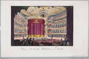 Innenansicht der ersten Semperoper auf dem Theaterplatz in Dresden (1841 errichtet, 1869 abgebrannt) Blick nach Westen auf die Bühne