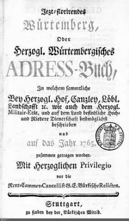 1765: Württembergisches Adressbuch, 1765