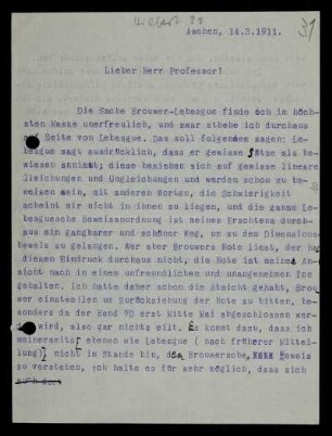 Nr. 31: Brief von Otto Blumenthal an David Hilbert, Aachen, 14.3.1911