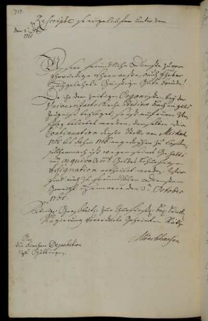 Verlängerung der Anstellung des Organisten Bach vom Michaelistag 1765 um ein Jahr.