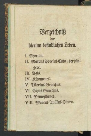 Verzeichniß der hierinn befindlichen Leben