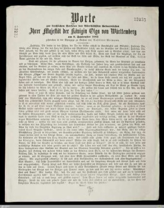 Worte zur kirchlichen Vorfeier des Allerhöchsten Geburtsfestes Ihrer Majestät der Königin Olga von Württemberg : am 8. September 1883 gesprochen in der Synagoge zu Buchau