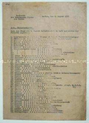 Maschinenschriftliche Namensliste der Bekennenden Kirche
