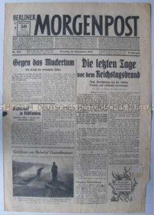 Tageszeitung "Berliner Morgenpost" zur Vorbereitung des Reichstagsbrand-Prozesses
