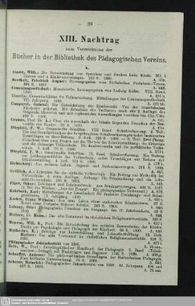 XIII. Nachtrag zum Verzeichnisse der Bücher in der Bibliothek des Pädagogischen Vereins
