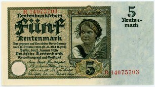Geldschein, 5 Rentenmark, 2.1.1926