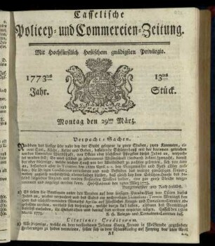 13tes Stueck, Montag den 29ten Maerz 1773