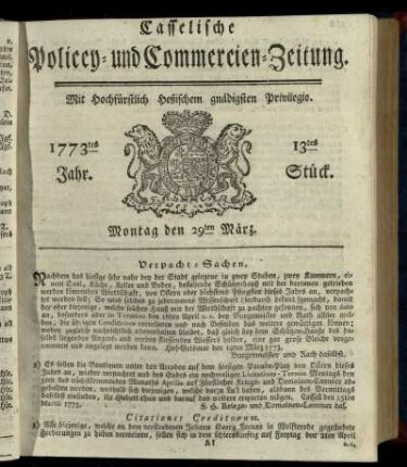13tes Stueck, Montag den 29ten Maerz 1773