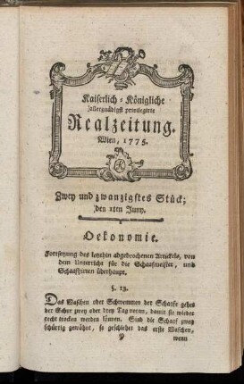 Zwey und zwanzigstes Stück; den 1ten Juny. Wien, 1775.