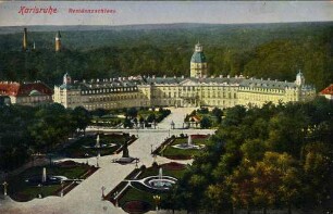 Postkartenalbum mit Motiven von Karlsruhe. "Karlsruhe. Residenzschloss". Schloss mit Schlossplatz und Schlossgarten